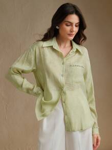 Anewsta Women's Floral Print Chiffon Studded Elegant Classic Loose Blouse, Old Money, Modest, Spring - Green - View 2