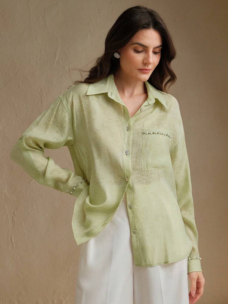 Damen Chiffon Bluse mit Blume Muster und Nieten, elegant, locker, Old Money, dezent, Frühling