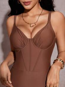 SHEIN Swim Beach Angel Tummy Control One-Piece Swimsuit For Summer Beach Vacation - Brown - View 3