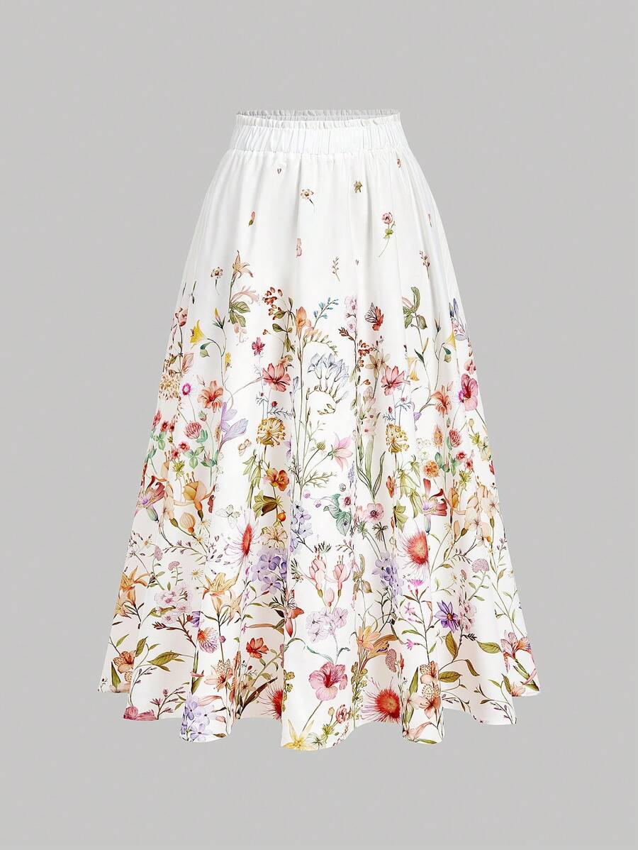 SHEIN MOD Falda midi de línea A con estampado floral de talla grande, ropa de resort de moda
