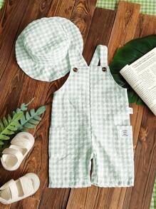 Vintaside Kids Baby Boys' Spring/Summer Plaid Overalls Shorts In White & Green, With Matching Accessories Hat, Fashionable & Versatile For Outdoor Play, Home Leisure, Daily Sports - Green - View 3