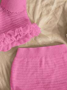 Soleia 全新围巾荷叶边镂空纹理吊带背心和迷你裙 2 件套 - 玫紅色 - 查看 4