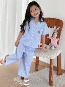 DAZY 女童格子短袖衬衫和裤子家居服套装，春夏款 - 藍色 - 查看 3