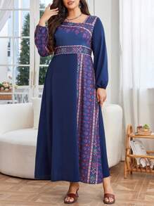Al Najma Vestido de estilo árabe con diseño asimétrico de estampado, talla grande, modesto