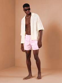 SUMWON Designer Summer Beachwear Board Shorts Swim Trunks Abstract Pattern Curved Hem Poolside Regular Fit Drawstring Waist Resort Comfort Swimming - Pink - View 4