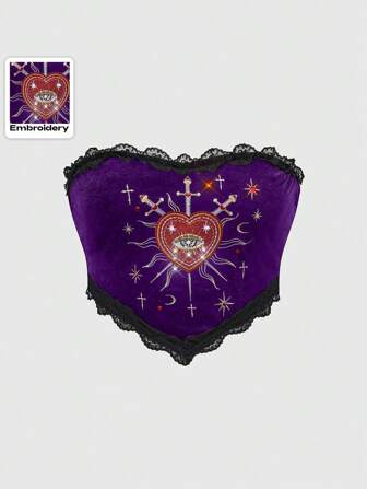 Goth Plus Size Women Gothic Lolita Opulent Heart Crystal Beaded Strapless Top