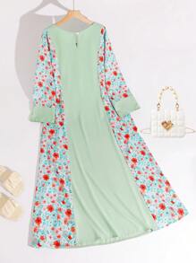 Arabic Style Maxi Dress/Abaya For Women, Loose Fit, Simple Yet Elegant Design. Floral Patchwork Maintains Traditional Charm With Fashion Elements, Suitable For Various Occasions. Suitable For Spring, Summer And Autumn Wear., Modest - Green - View 2