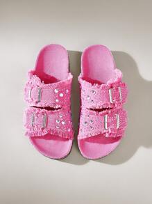 Solecia Giày đế bằng mũi tròn tua rua đính đá Rhinestone khóa kép thoải mái cho mục đích sử dụng hàng ngày, trang trọng và thường ngày đa năng dành cho nữ - Màu Hồng Tươi - Xem 5