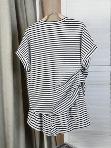 SHEIN 2pcs/Set Plus Size Casual Striped Crew Neck Short Sleeve Top And Shorts Set