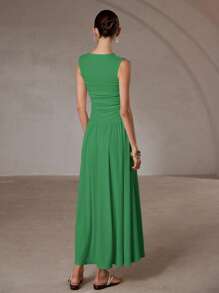 Aveloria Modichic White Minimalist Design Elegant Sophisticated High Collar Sleeveless Ruched Long Dress - Green - View 5