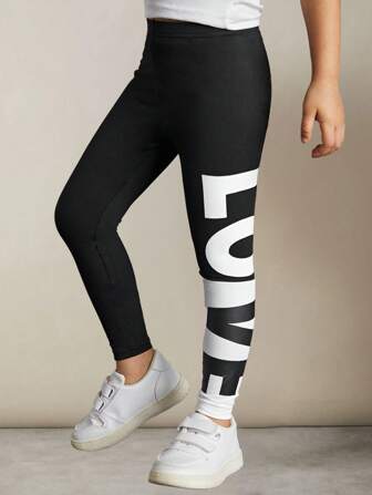 SHEIN Jong meisje Casual Veelzijdige gebreide zachte elastische taille Letter print leggings Sport leggings Gym legging Sport leggings Sport leggings Hoge