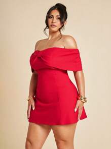 SHEIN BAE 大码女式优雅露肩蝴蝶结鸡尾酒会礼服，适合派对、约会之夜、秋冬季夜店、优雅、女士沙滩装/沙滩装、女士婚礼宾客礼服/新娘送礼会礼服白色、毕业礼服/毕业装、女士早午餐装、女士音乐会装/狂欢装节日/乡村音乐会装/伊比沙岛装/纳什维尔装、度假、度假、端庄、热带度假女装、辣妹、夏季装/夏季服装、女士春季装、约会之夜礼服、伴娘迷你连衣裙、优雅的小黑裙、7 月 4 日、7 月 4 日服装、阵亡将士纪念日、毕业典礼、工作/办公室、度假装、春夏、红色连衣裙、露肩连衣裙、蝴蝶结连衣裙、女士夏季连衣裙 - 紅色 - 查看 6