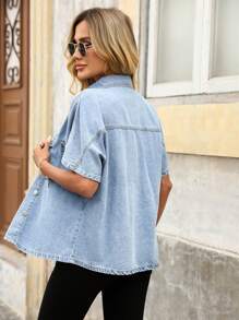 EMERY ROSE Women's Casual Front Button Short Sleeve Denim Shirt, Summer - Blue - View 2