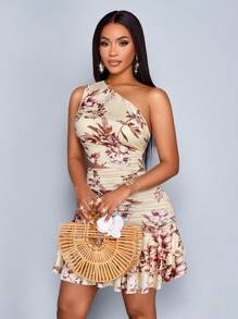 SOLERSUN 春夏女装优雅休闲度假迷你连衣裙，白底随机黄色花朵印花，无袖斜肩褶，腰部镂空，荷叶边臀部，双层莲花下摆 - 杏色 - 查看 5