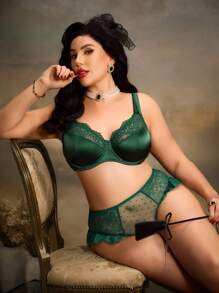 PinupGlam Underwired-BH in Große Größen mit Blumen-Spitze, Satin und transparenten Elementen, bequem für den täglichen Gebrauch mit breiten Trägern, olivgrün