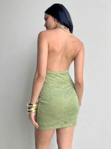 Aloruh Vestido elegante de mujer con escote de halter, espalda descubierta y mini falda en color verde menta, con textura de jacquard