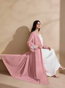 Graceveil 1pc Elegant Long Sleeve Jacket With Butterfly Embroidery & Side Slit Cuff, Modest Robe, Abaya - Pink - View 7