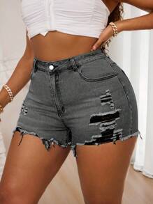 SHEIN SXY Plus Size Women Stretch Denim Ripped Sexy Shorts