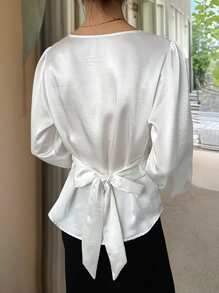 INAWLY Damen Elegante Satinbluse mit Schleifen-Dekor, Schlankheitsdesign - Weiss - Übersicht 2