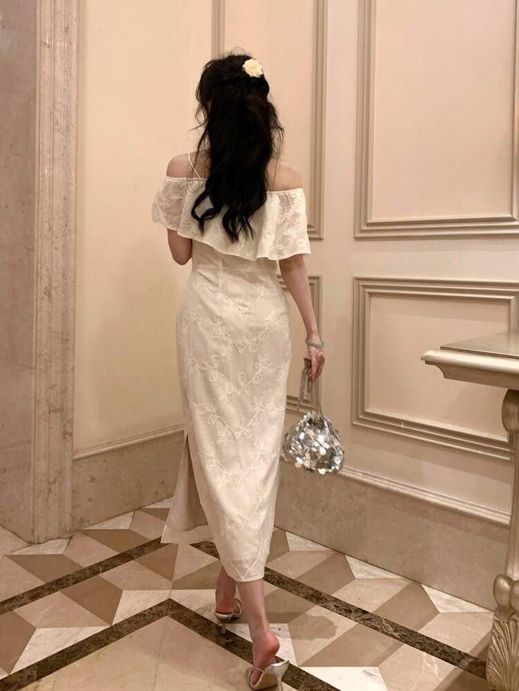 Textured Fabric Women's Asymmetrical Neck Fishtail Hem Bodycon Dress, Elegant Maxi Dress