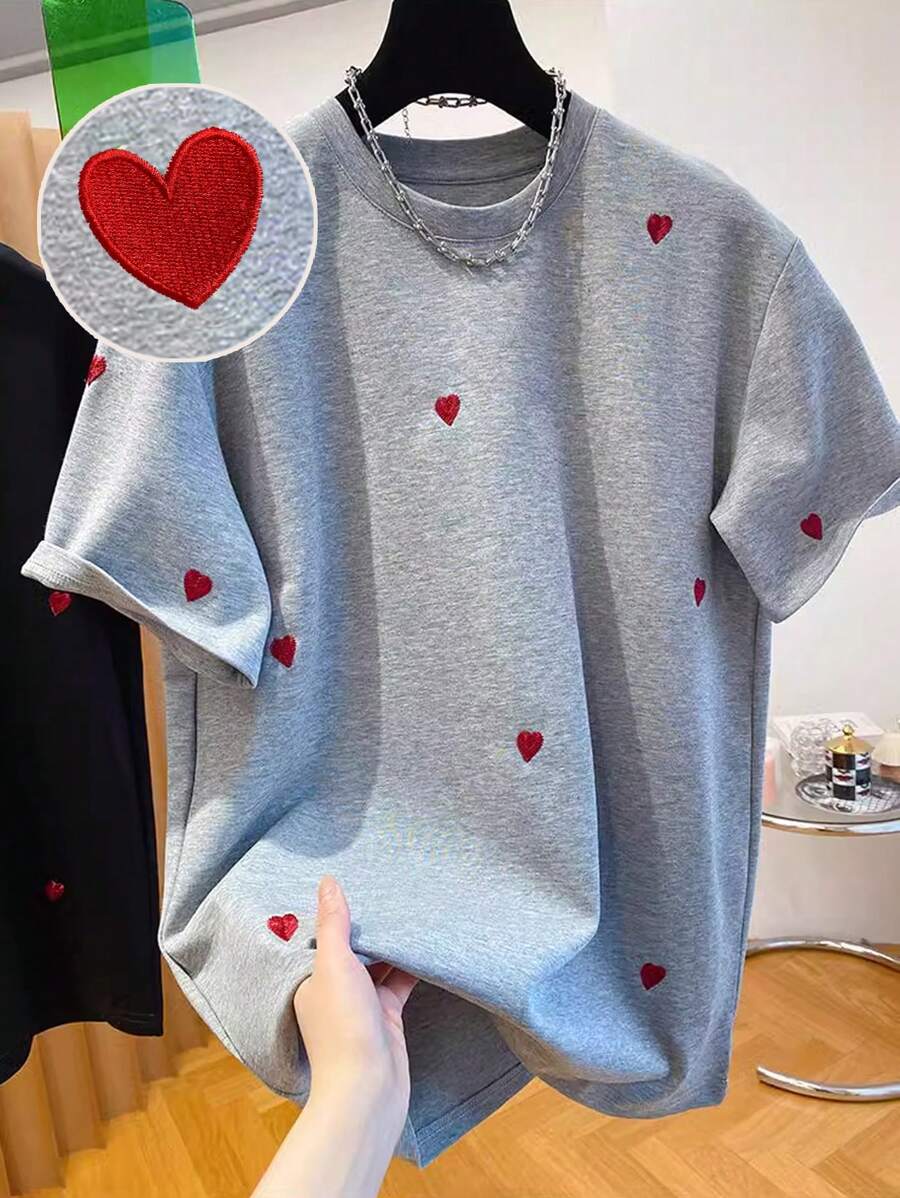 Manfinity Dauomo Men Round Neck Heart Embroidered T-Shirt - Round Neck Casual Top - Lightweight T-Shirt Suitable For All Seasons - Multicolor - View 1