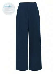 SHEIN Tall Plus Size Women Elastic Waist Casual Wide Leg Pants Fall Cloth For Women - Navy Blue - View 1