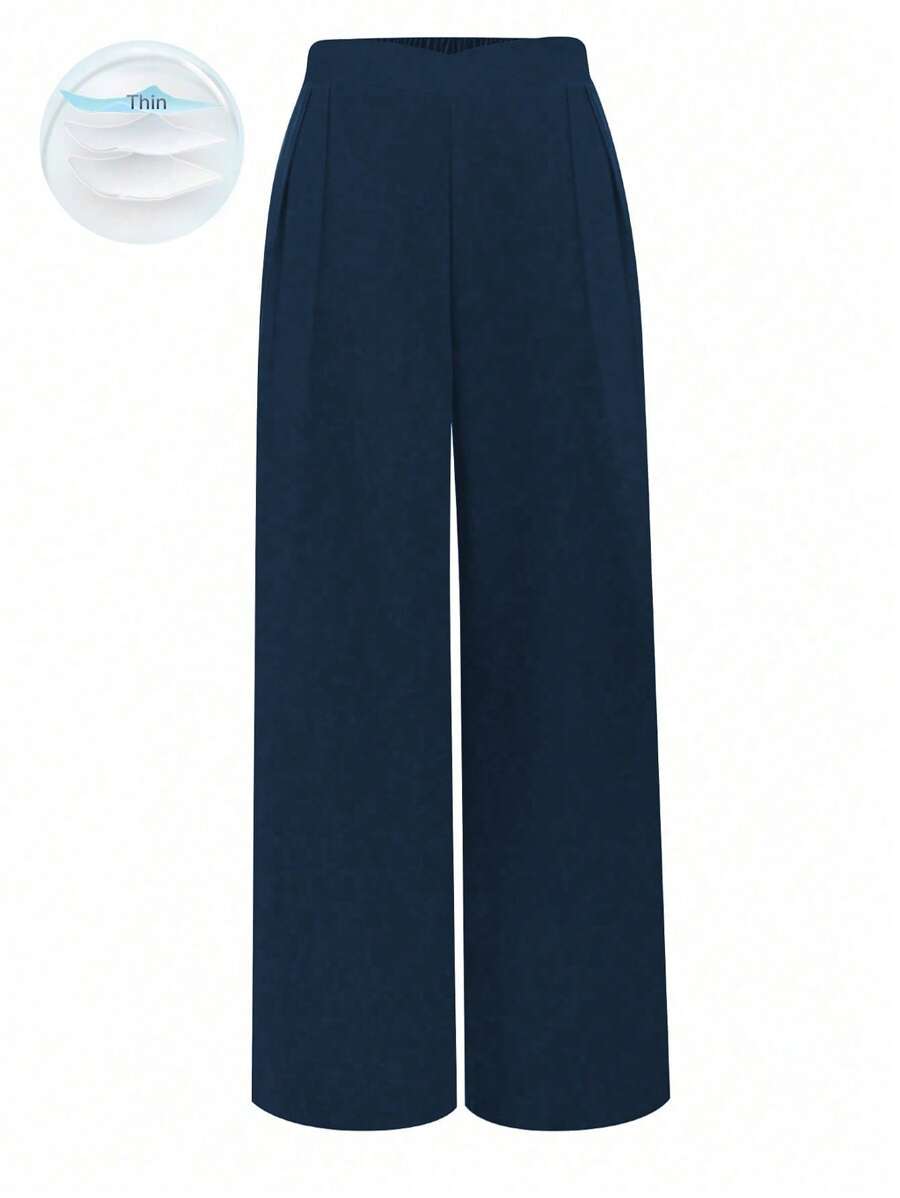 SHEIN Tall Plus Size Women Elastic Waist Casual Wide Leg Pants Fall Cloth For Women - Navy Blue - View 1