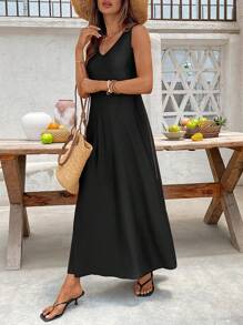 Breezaya 优雅超大 V 领休闲长裙，休闲度假风格，宽松纯色，适合春夏季 - 黑色 - 查看 5