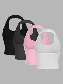 SHEIN EZwear 4 件套休闲简约短款露背修身背心，适合夏季女士穿着 - 彩色 - 查看 2