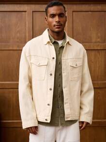 RivetRise 男士美式休闲春季长袖单扣前襟休闲口袋牛仔夹克 - 杏色 - 查看 7