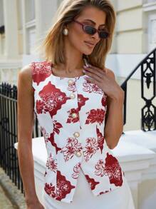 COSMINA Áo ba lỗ thời trang in hoa một hàng khuy cho nữ khi đi nghỉ - Đỏ - Xem 1