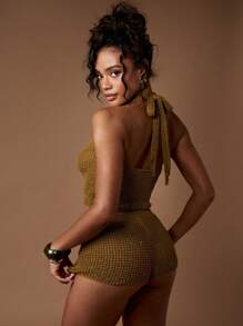 MISSGUIDED Sequined Knit Halter Co-Ord Set Festival Party Beach Holiday Resort Wear Club Night Out Summer Booty Short Two Piece Outfit Christmas - Green - View 2