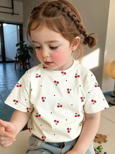 SHEIN 复古可爱迷你心形和樱桃印花舒适女婴休闲简约短袖圆领上衣，适合夏季、春假女孩旅行