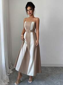 Elenzga Vestido de cóctel de media pierna con decoración de botones y bloque de color, elegante para la oficina/vacaciones, de tela similar al lino, apropiado para el Día de la Independencia, graduación