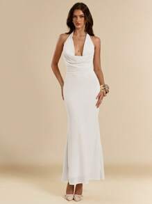 SHEIN BAE 女式低胸露背鱼尾下摆修身长款雪纺连衣裙，夏季 - 白色 - 查看 3