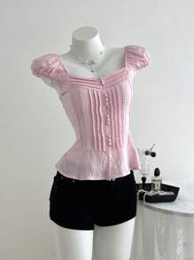 Elamini Pink Pleated Square Neck Cinched Waist Casual Elegant Women's Summer Short Sleeve Shirt