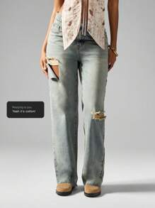 MISSGUIDED Distressed Vintage Style Loose Fit Raw Hem Baggy Jeans Boyfriend Relaxed Cut Long Length Denim For Summer Festival Ripped Y2K Retro Fashion - Blue - View 5