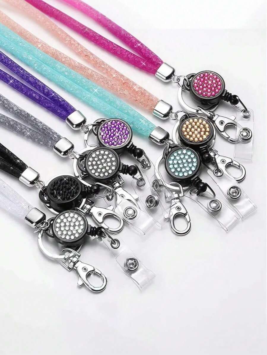 1 Piece, Exquisite Rhinestone Mesh Hanging Rope, Suitable For ID Card Holders, With Retractable Buckle And Badge Clip, Can Be Hung Back To School, Making You More Secure And At Ease