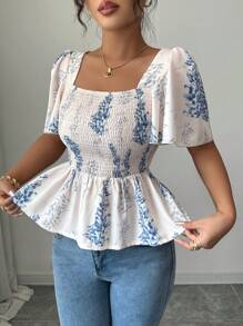 Elenzga Blusa ajustada con estampado floral elegante y volantes en el bajo, estilo casual de oficina/vacaciones romántico para el Día de la Independencia, la graduación y el regreso a la escuela
