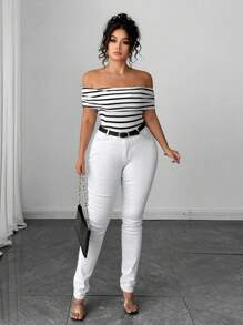 Elenzga Body de mujer talla grande con hombros descubiertos y plisado a rayas - Blanco y Negro - Ver 4