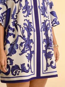 CAJUNI Đầm thun cổ tròn in họa tiết hoa nhiệt đới Boho cỡ lớn cho nữ cỡ lớn, màu xanh và trắng - Nhiều màu - Xem 5