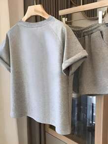 INAWLY 2件套女士返校季城市名称标语印花时尚休闲套装 - 淺灰色 - 查看 2