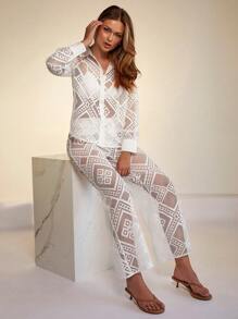 COSMINA Women Drawstring Waist Straight Leg Lace Pants - White - View 3