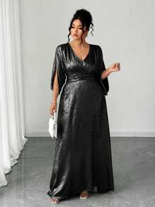 Elenzga 大码女式畅销 V 领开衩腰 A 字型金箔印花全新高品质修身正式晚礼服，优雅高端派对商务鸡尾酒露肩长裙 - 黑色 - 查看 4