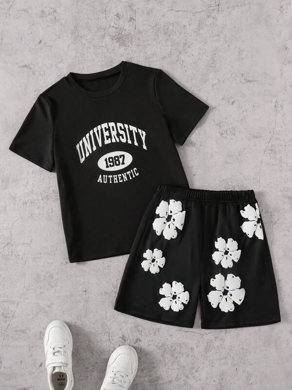 Set de 2 piezas para niños mayores: Camiseta negra de manga corta con estampado de letra vintage + Pantalón corto deportivo suelto con estampado floral y cordón, conjunto de verano