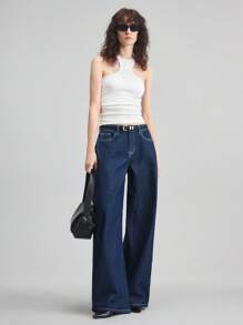 Ontre Jeans de tiro bajo de color azul oscuro con pierna ancha para mujer, jeans casuales de ajuste holgado para primavera/verano, jeans de vestir casual, para oficina/profesora