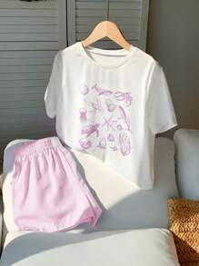 SHEIN EZwear 2pcs/Set Women Summer Casual Pink Print Short Sleeve T-Shirt & Striped Shorts