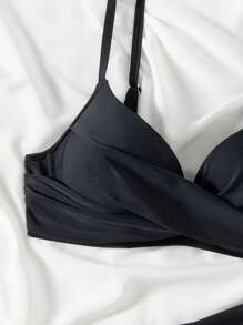 Swim Lushoire 2 Stücke Damen Sommer Strand Mesh Verbund Push-up Drahtlos Verstellbare Schulterträger High Waist Bikini Set - Schwarz - Übersicht 8