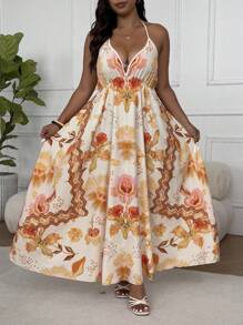 Flirla Plus Size Women's Floral Print Deep V-Neck Casual Vacation Beach Summer Dress, Beach Women Outfits, Summer Women Outfit, Bohemian - Yellow - View 3