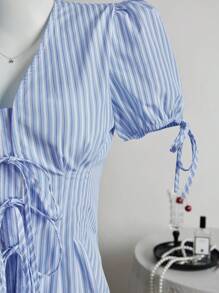 Elamini 女士夏季休闲通勤条纹纽扣衬衫 - 藍色 - 查看 4
